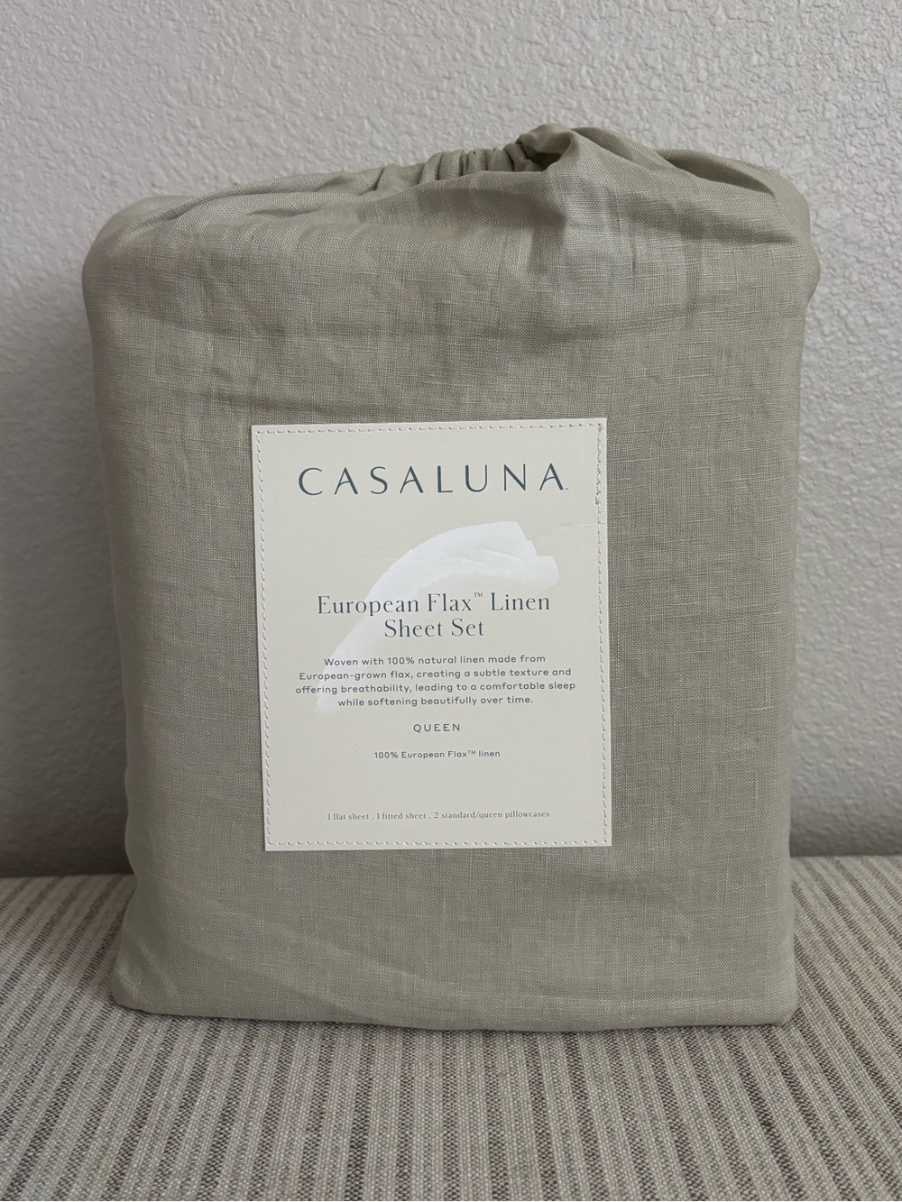 NWT Queen 100% Linen Sheet Set Light Olive Green - Casaluna